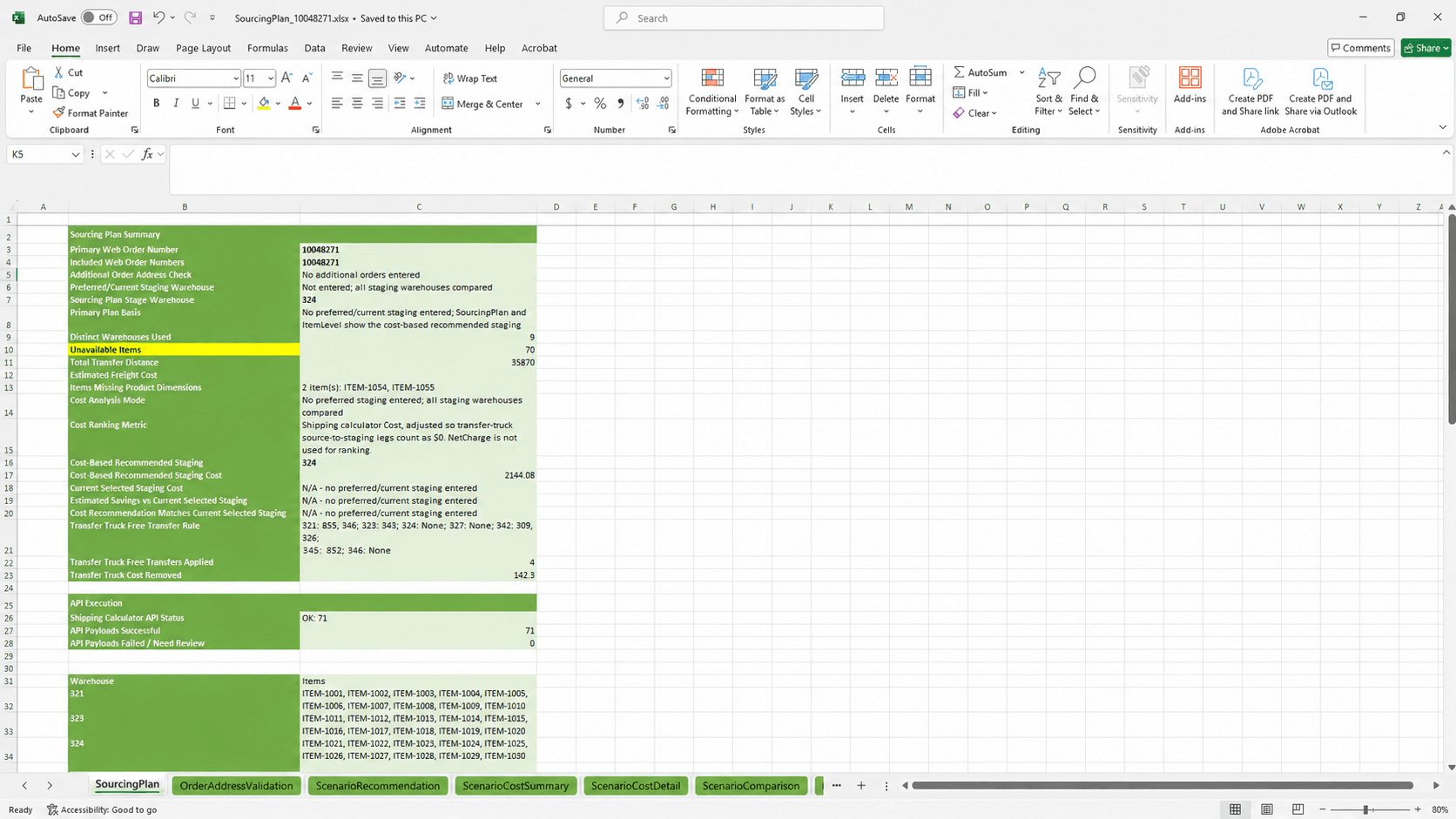 Generated Excel sourcing-plan output containing the recommended staging strategy and supporting operational detail.